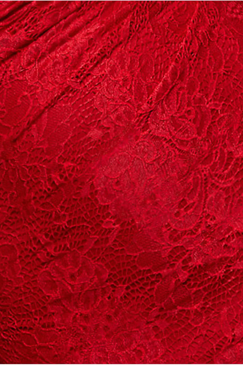 Goddiva Bardot abito maxi rosso in pizzo monospalla