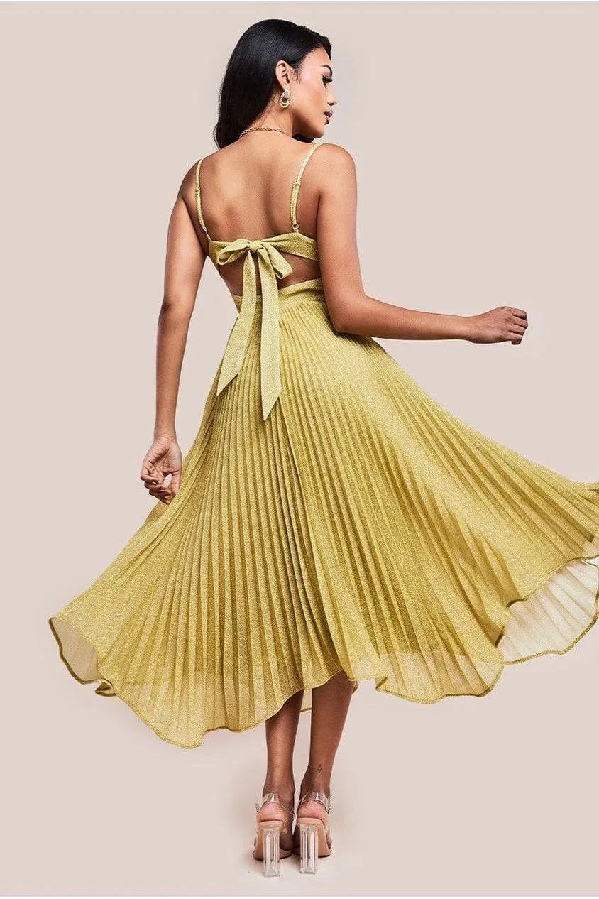 Goddiva Lurex Skater abito midi oro schiena annodata