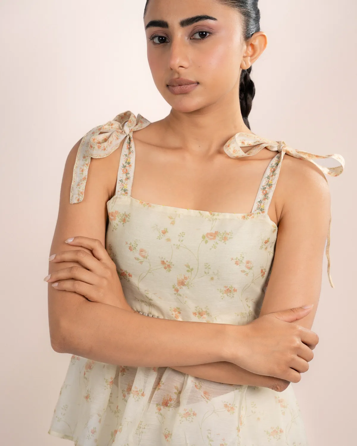 Our Dve Daisy Top top organza arancio stampa rose