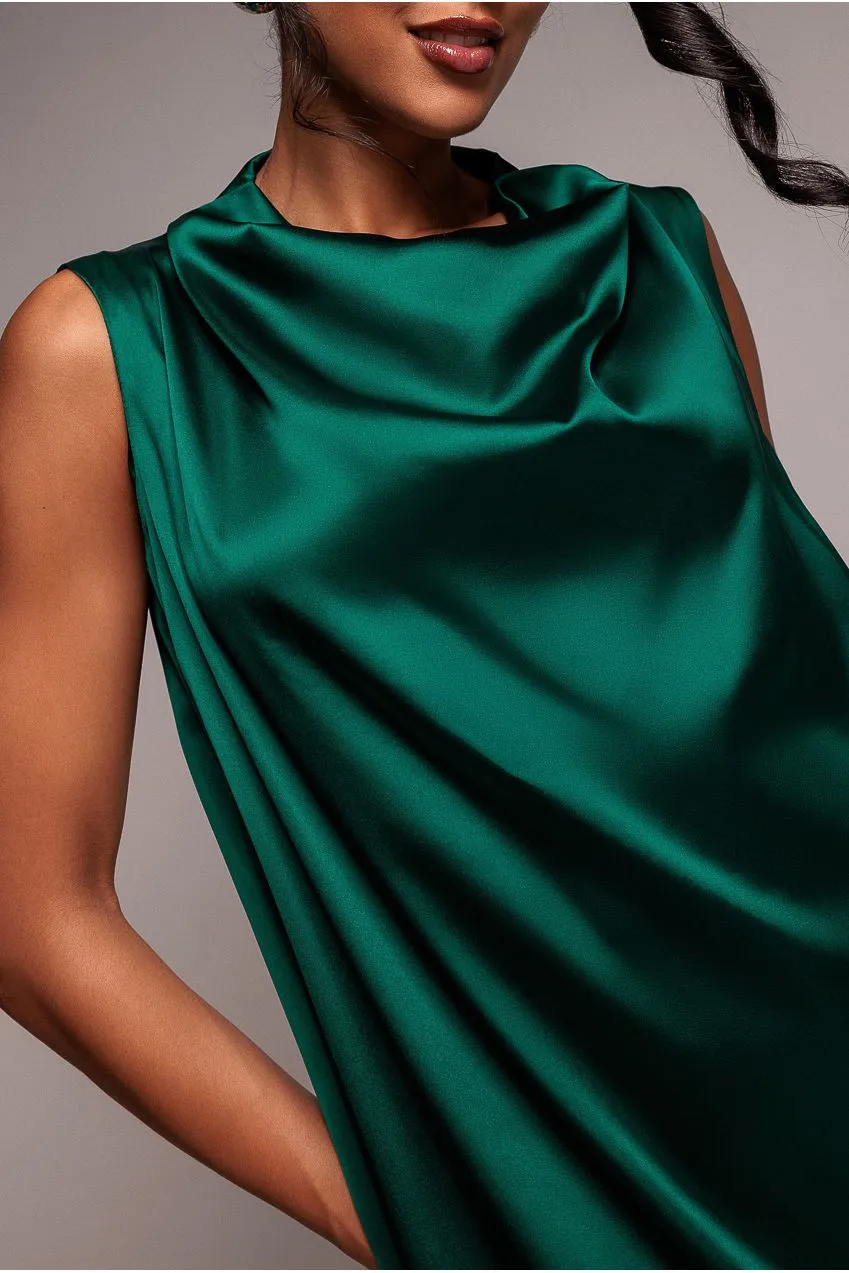 Goddiva abito midi verde smeraldo raso scollo drappeggiato