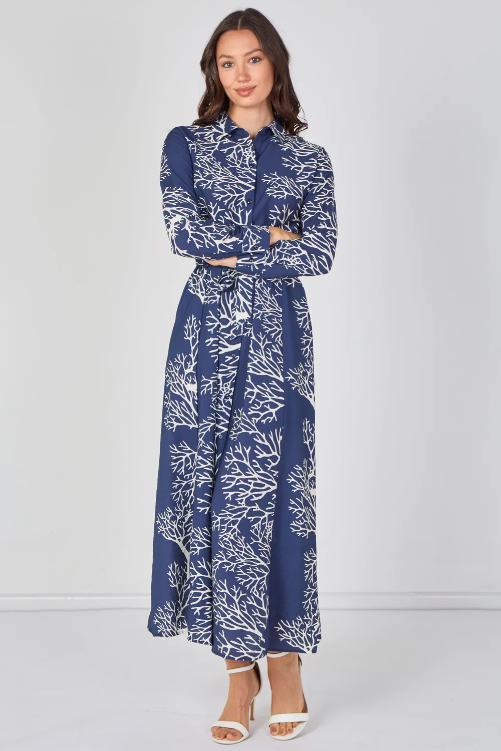 LOVE SUNSHINE Coral abito camicia maxi navy corallo