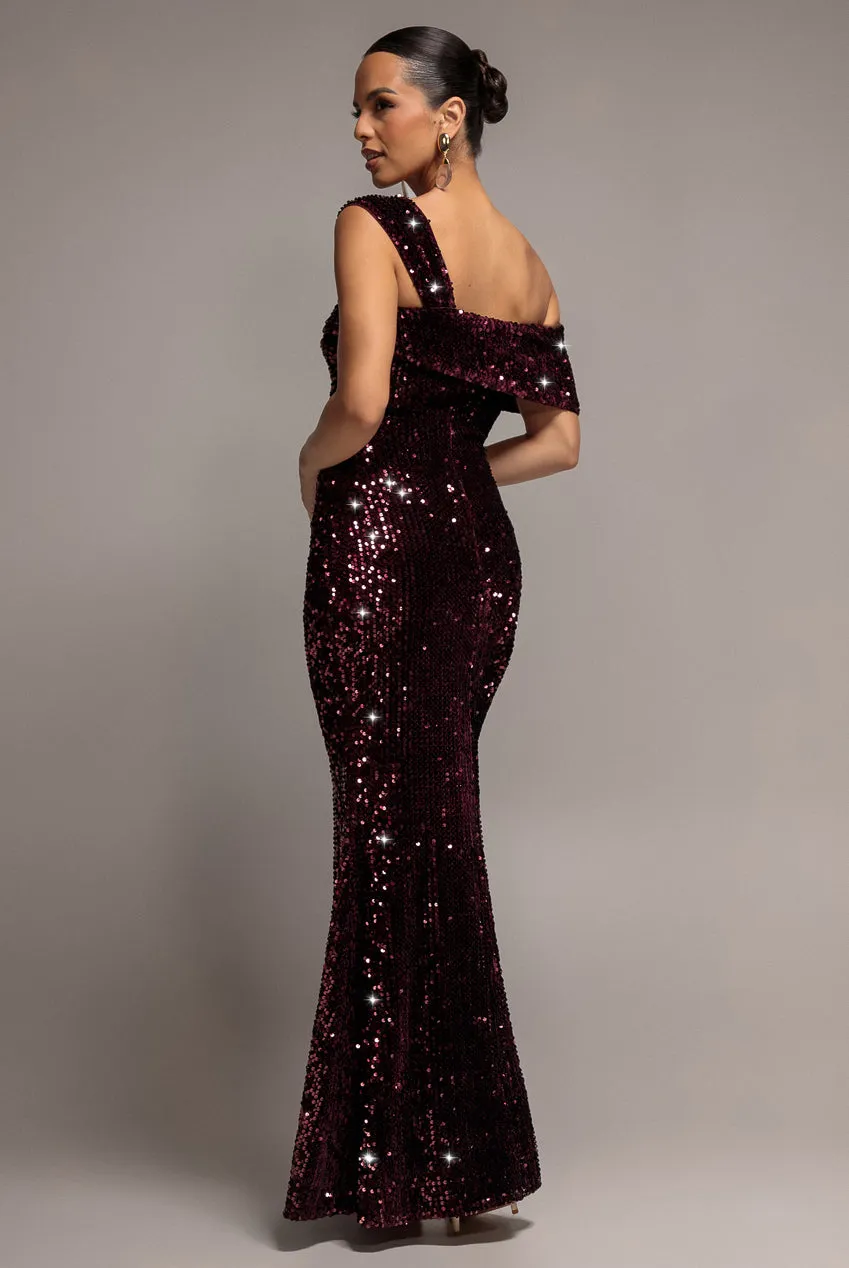 Goddiva Asymmetric Abito Lungo Prugna Paillettes