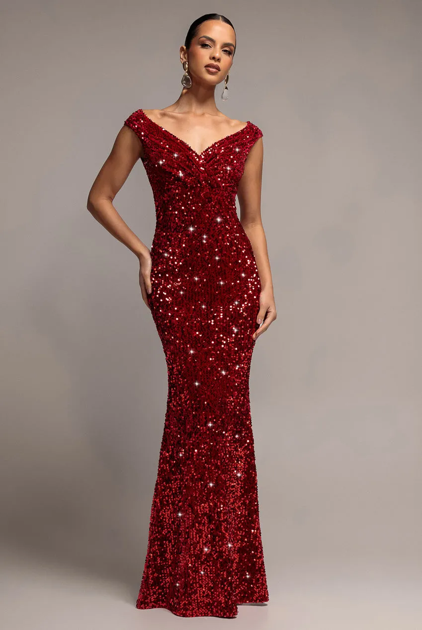 Goddiva Sequin Velvet Abito Rosso 12 lungo a sirena