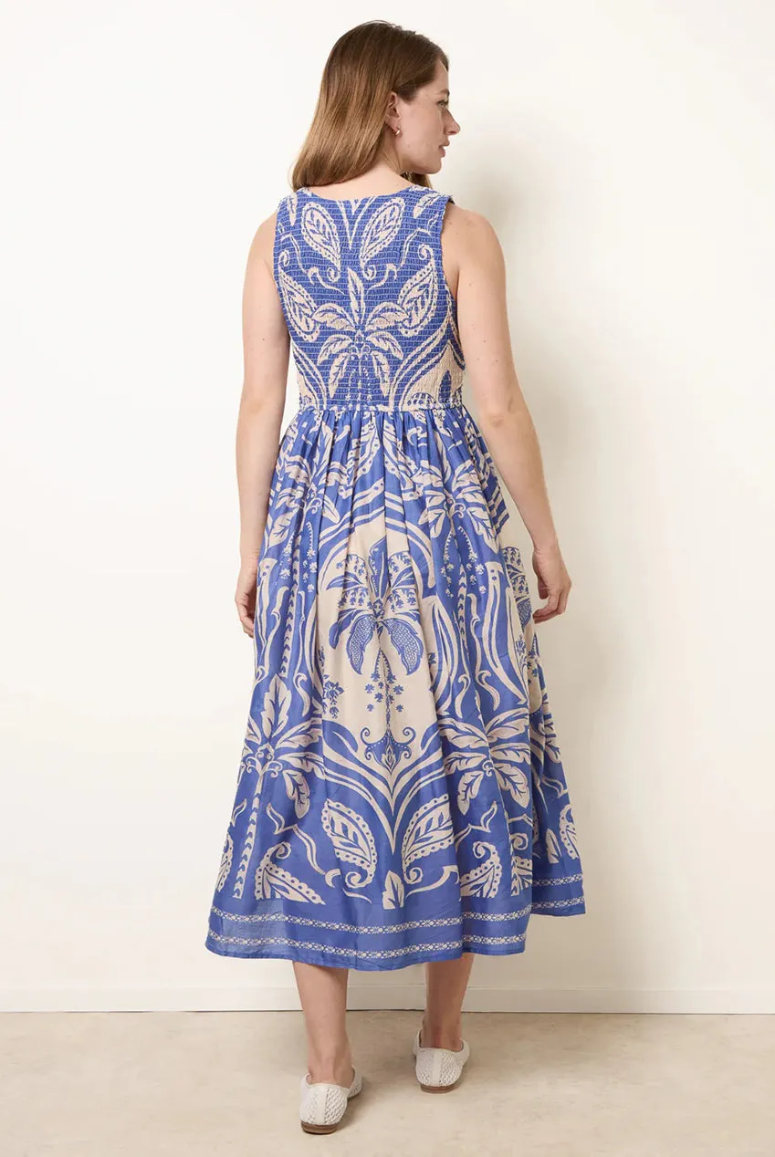Blue Vanilla Sleeveless Shirred abito midi blu cotone fresco