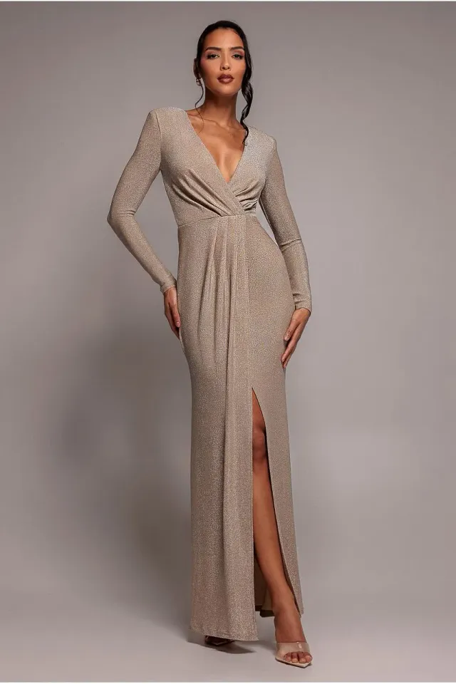Goddiva Lurex abito maxi nude scollo profondo spacco