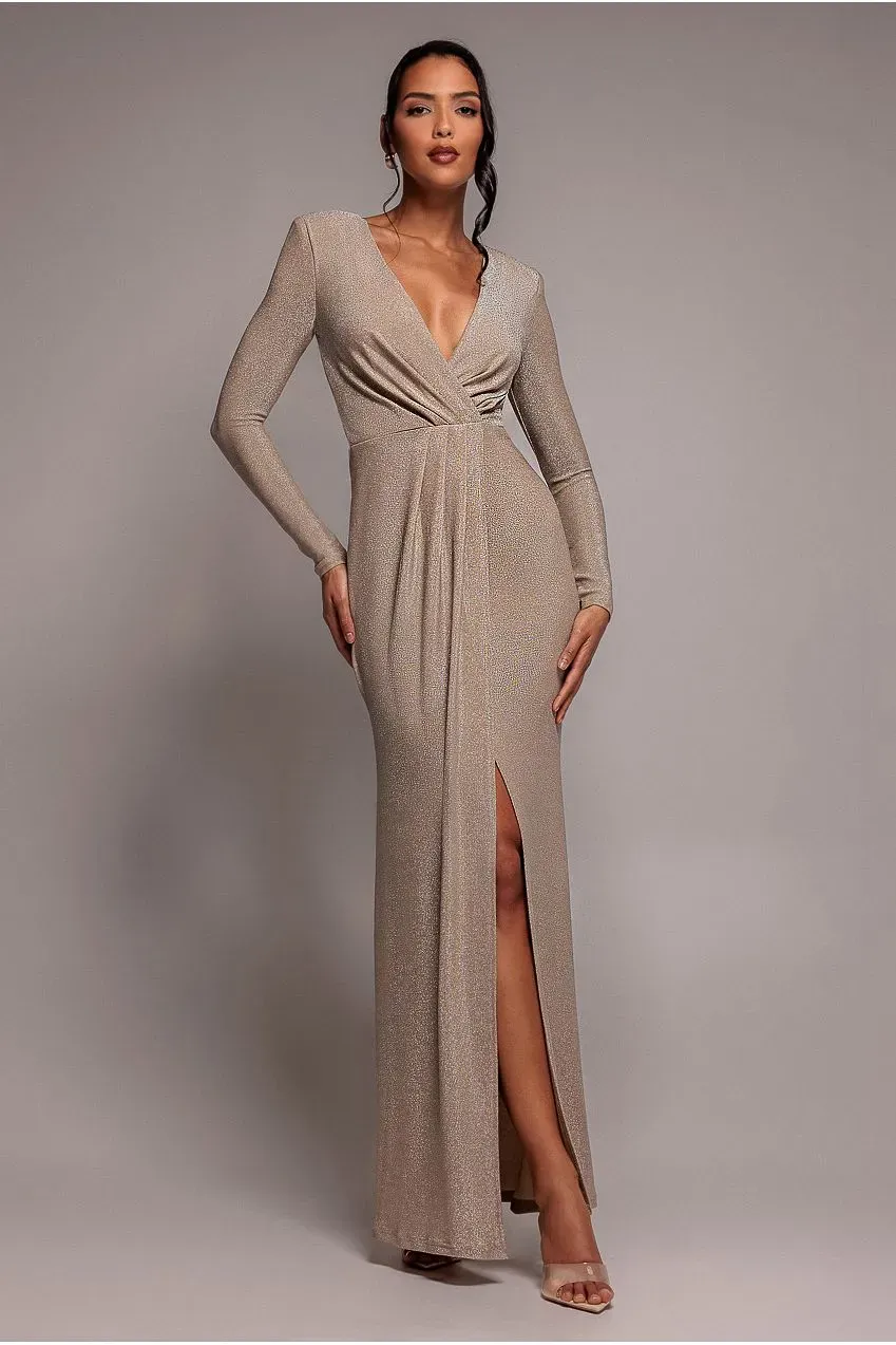 Goddiva Lurex abito maxi nude scollo profondo spacco