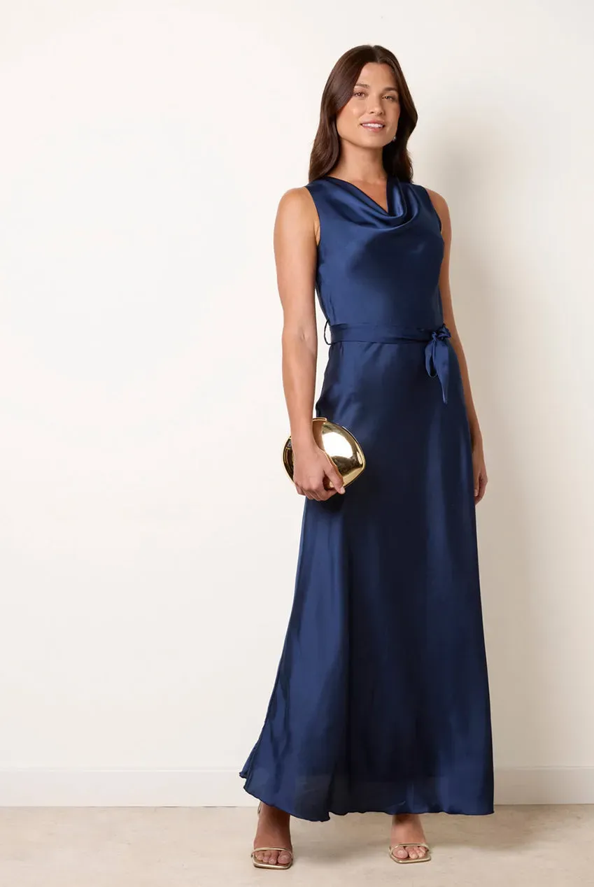 Blue Vanilla abito raso blu navy scollo cowl con cintura