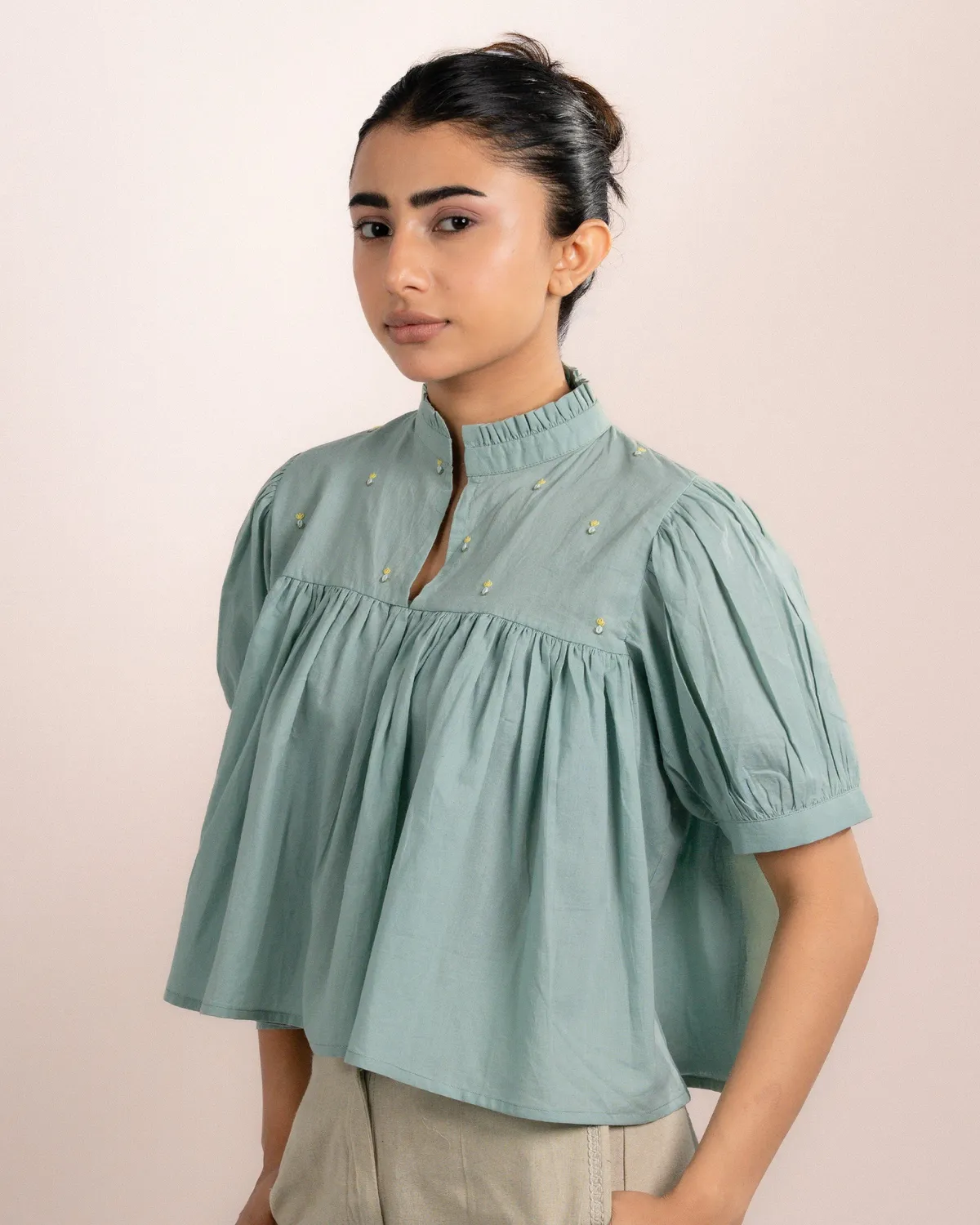 Our Dve Rosy top azzurro menta cotone