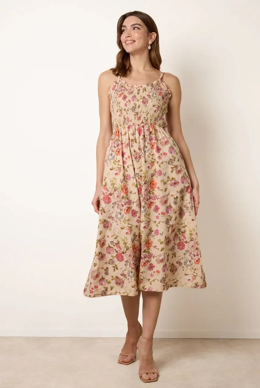 Blue Vanilla Floral Shirred abito midi floreale multi in cotone