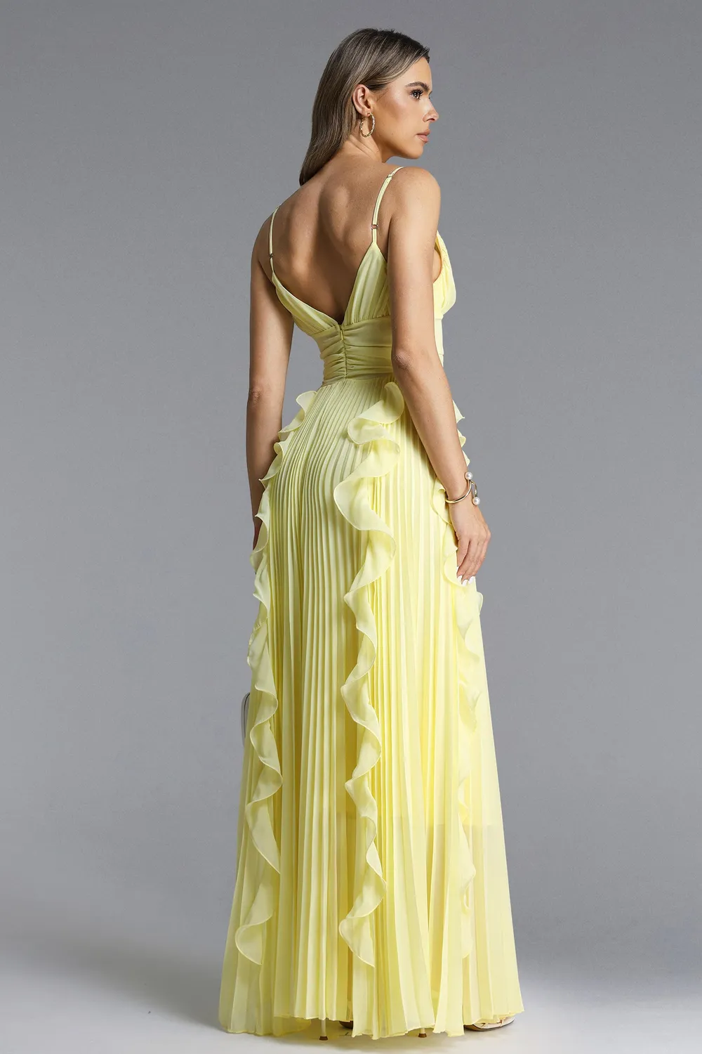 Bella Barnett Viky abito maxi giallo plissettato balze