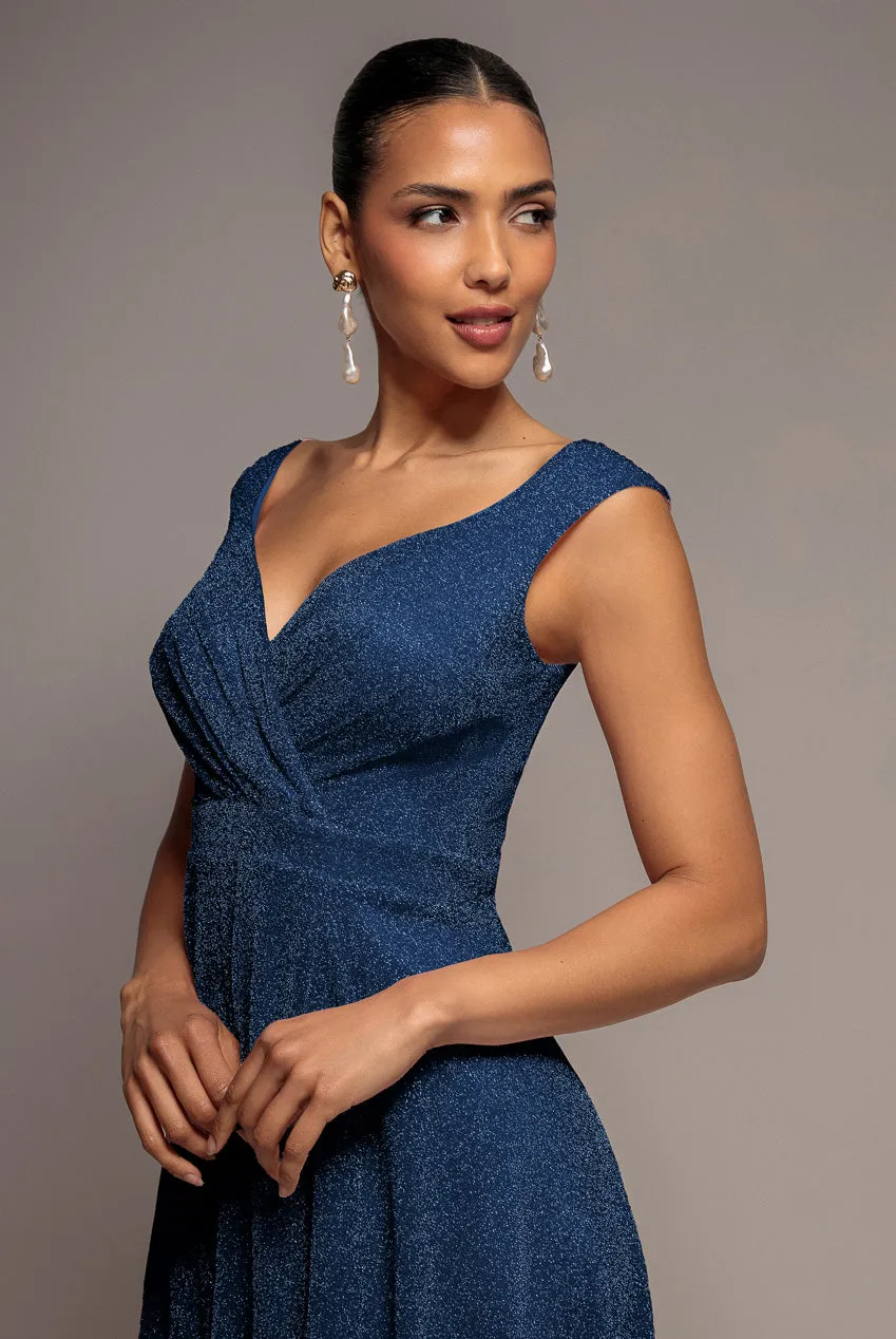 Goddiva Crossover Lurex Abito Maxi Navy Glitter