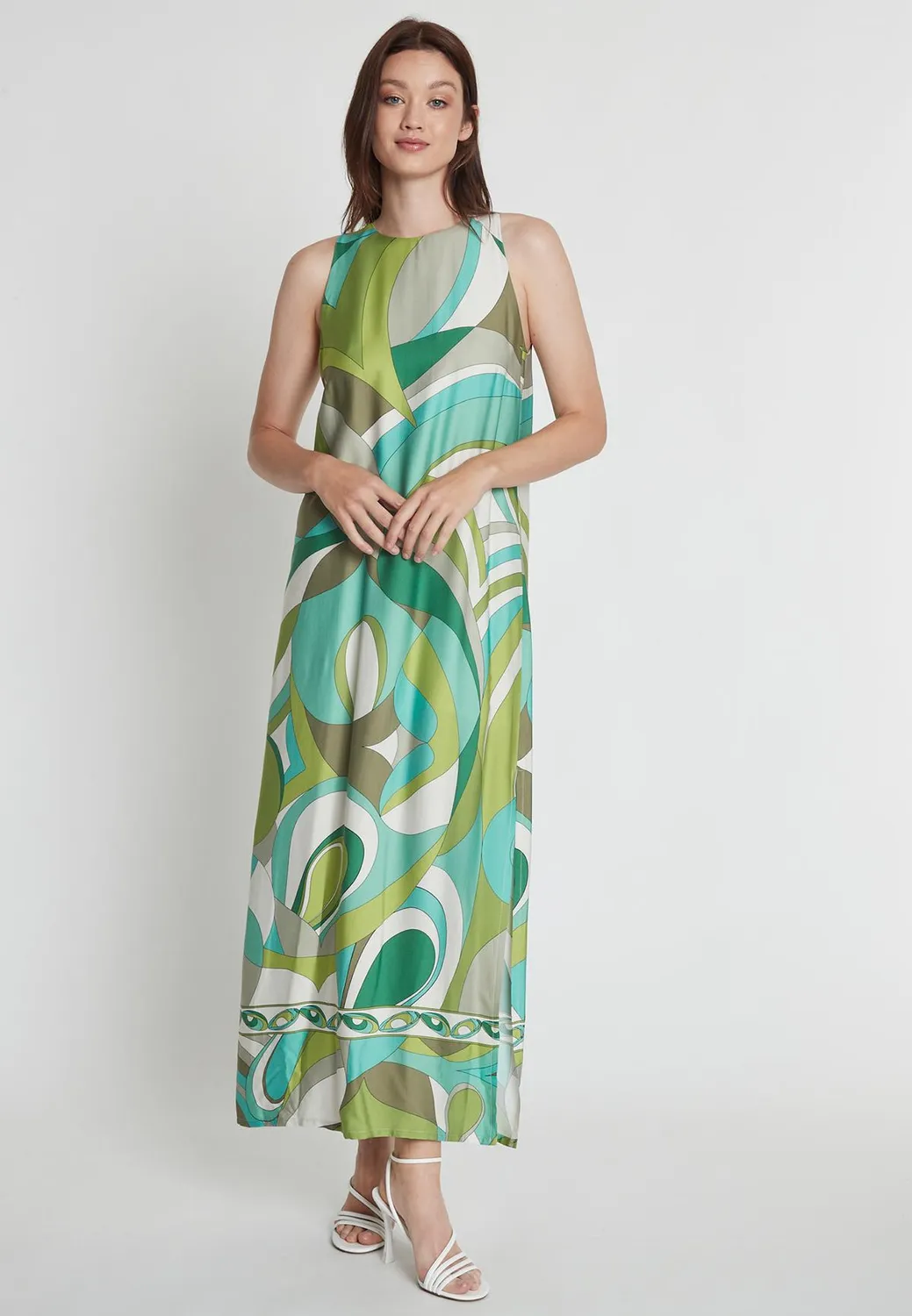 Ana Alcazar Rispy abito lungo satin verde fantasia