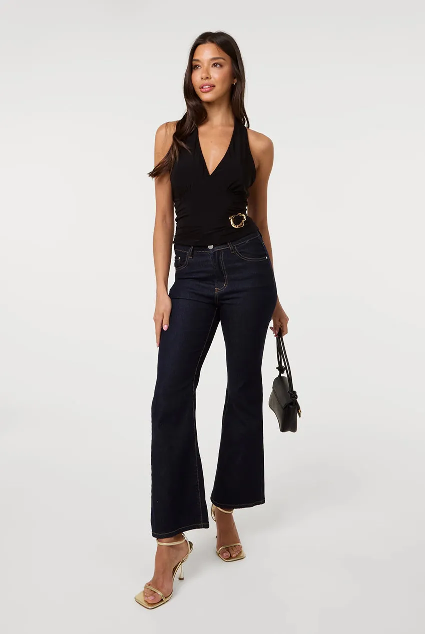 Pink Vanilla Slinky Gold Buckle Top Halter Nero elasticizzato
