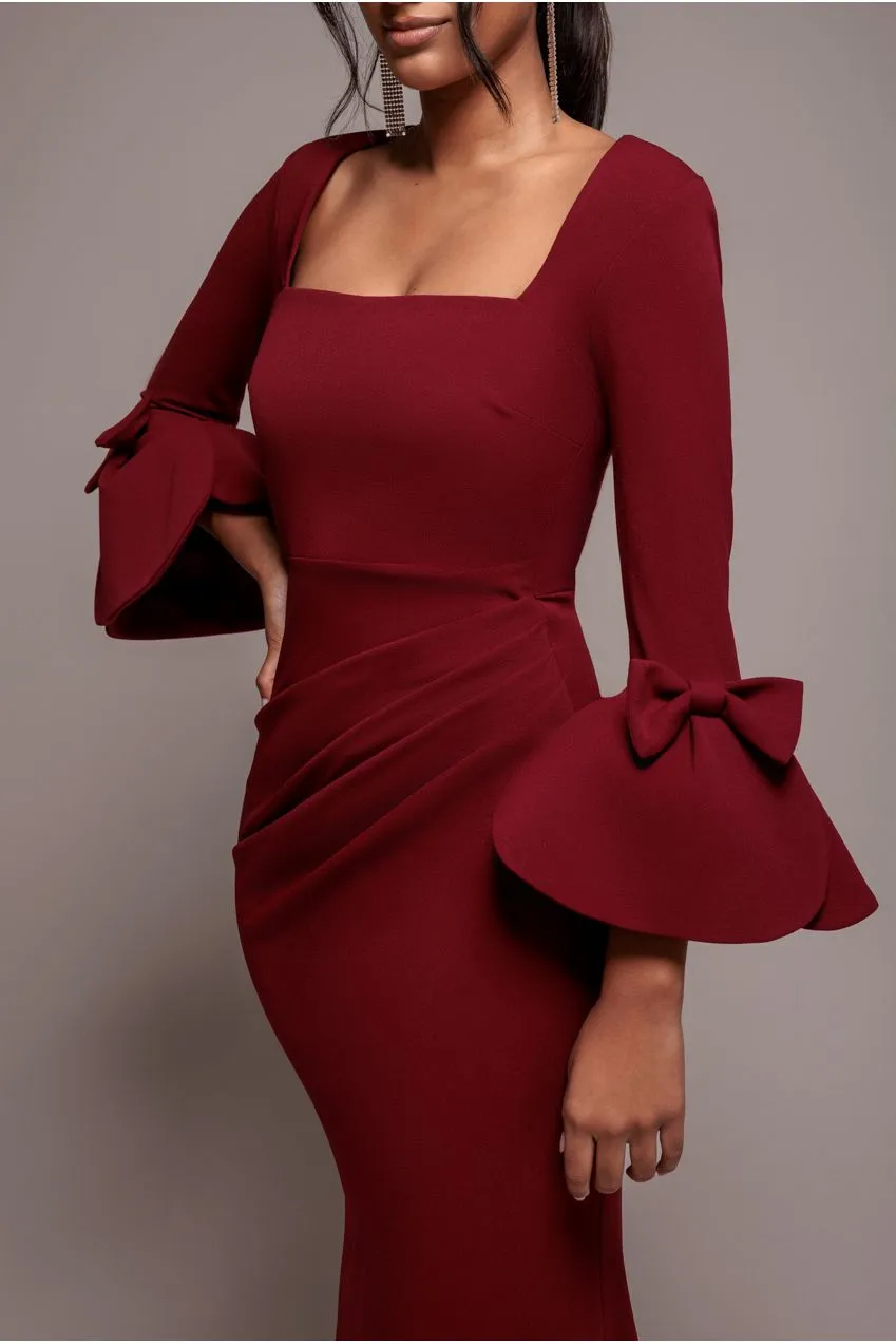 Goddiva Petal Bow Sleeve Frill abito lungo vino scollo quadrato
