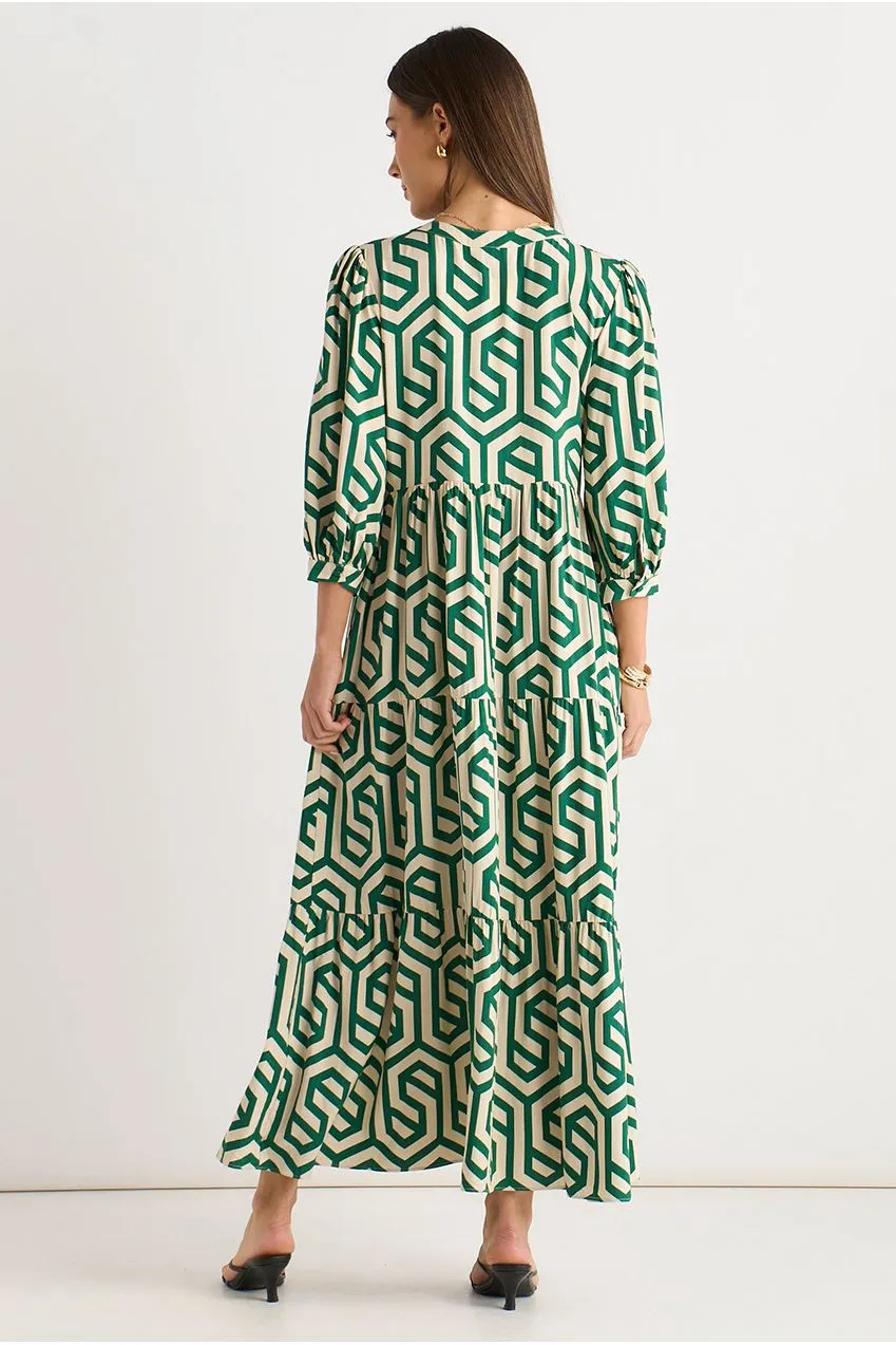 Gini London Geo Print abito midi verde smock maniche lunghe