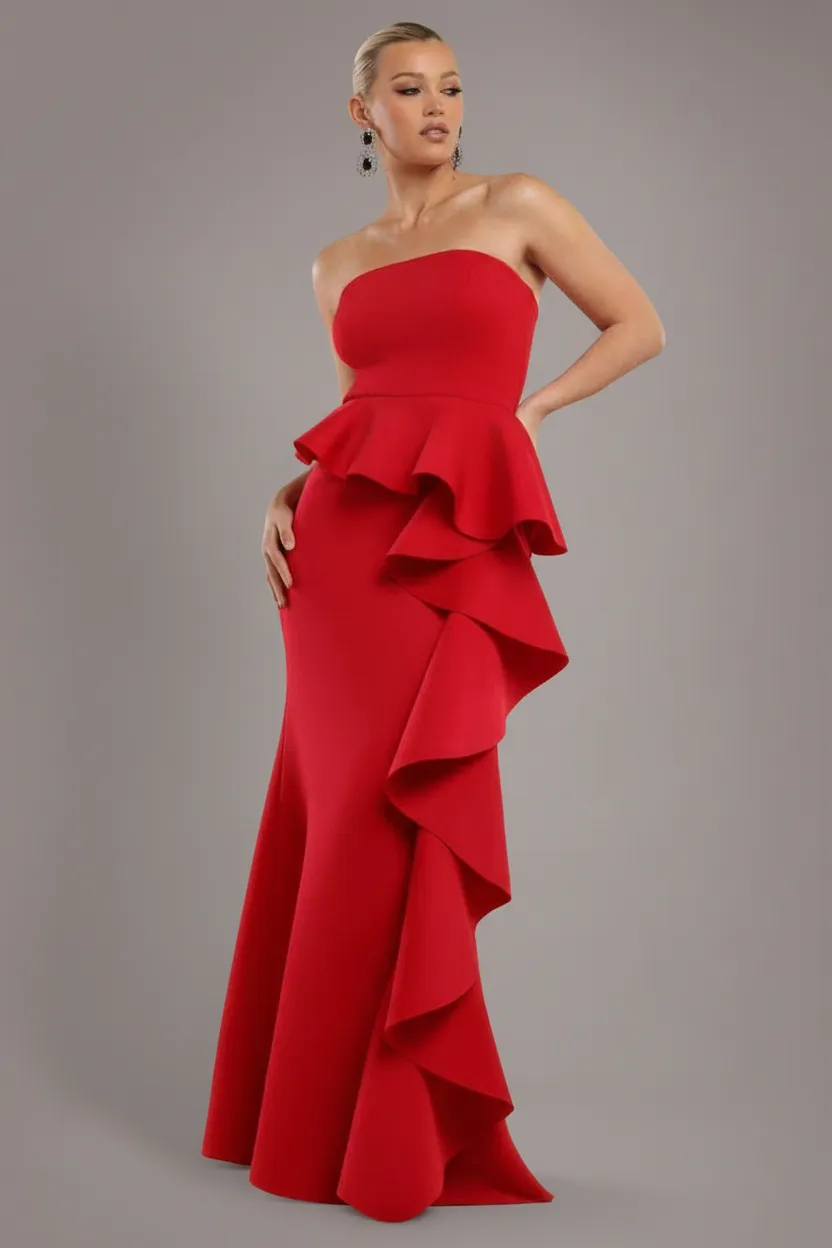 Goddiva Boobtube Peplum abito maxi rosso fascia