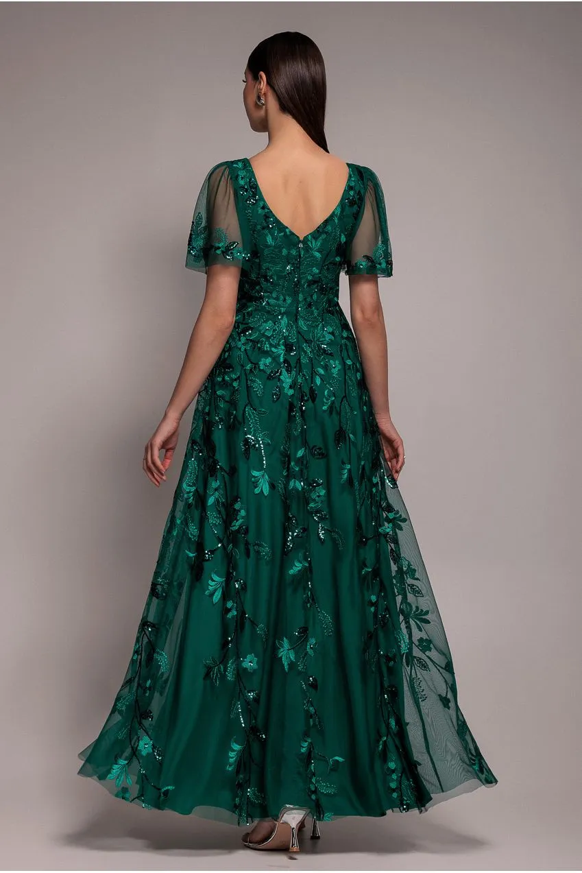 Goddiva DR3279A abito maxi verde smeraldo ricamato