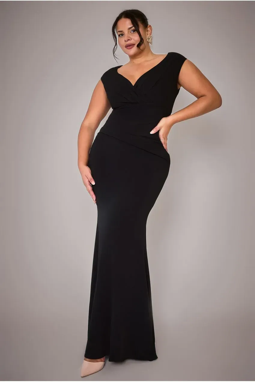 Goddiva Plus Bardot Pleated abito maxi nero spalle scoperte