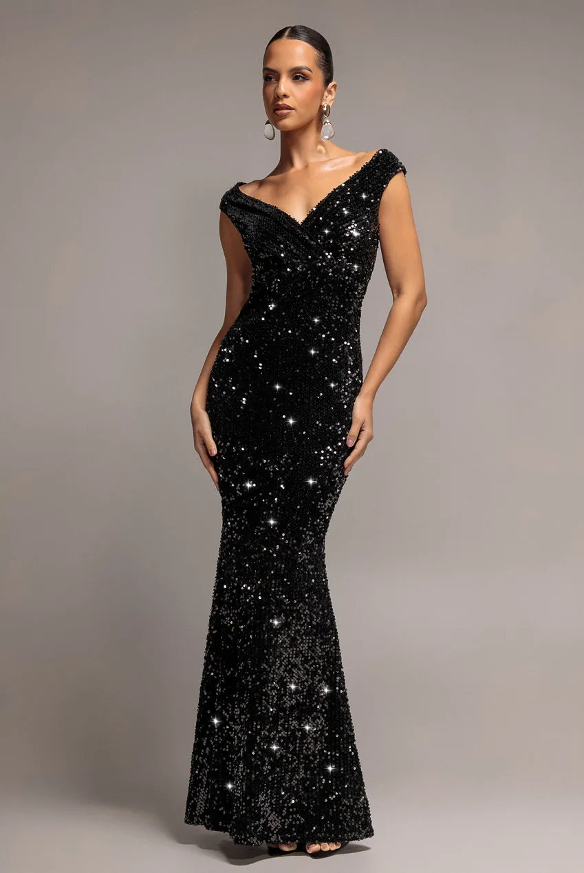 Goddiva DR3512 abito maxi nero 12 paillettes velluto