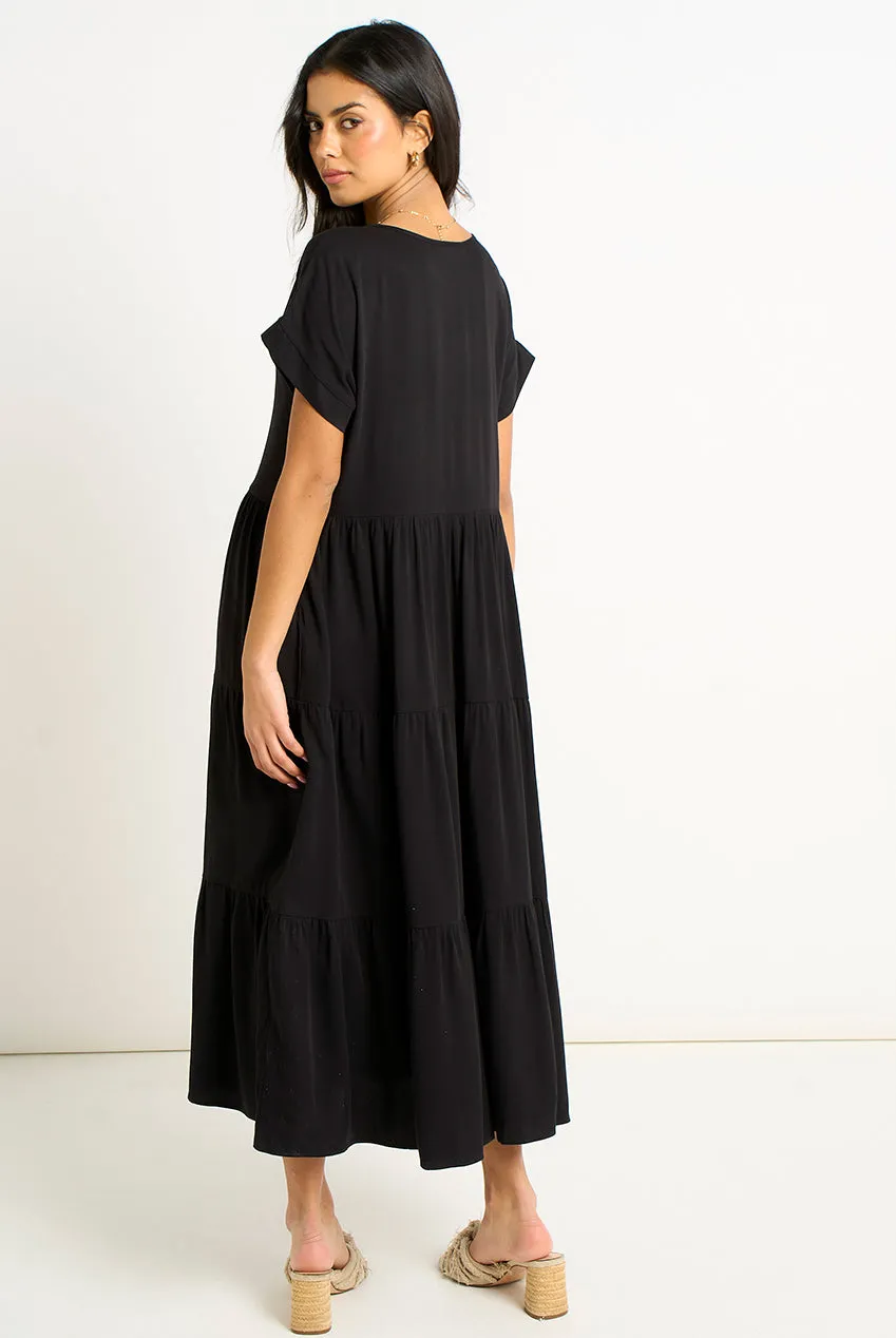 Gini London Pocket Smock abito midi nero M/L scollo a V