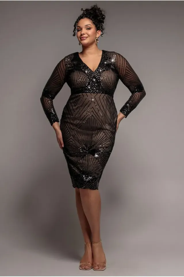 Goddiva Plus Starburst DR2617 abito midi nero paillettes curvy