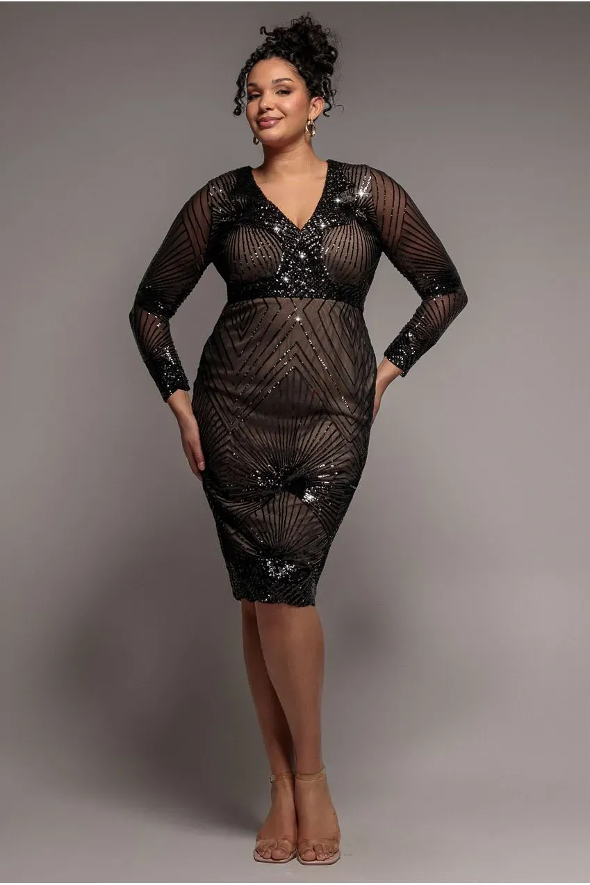 Goddiva Plus Starburst DR2617 abito midi nero paillettes curvy