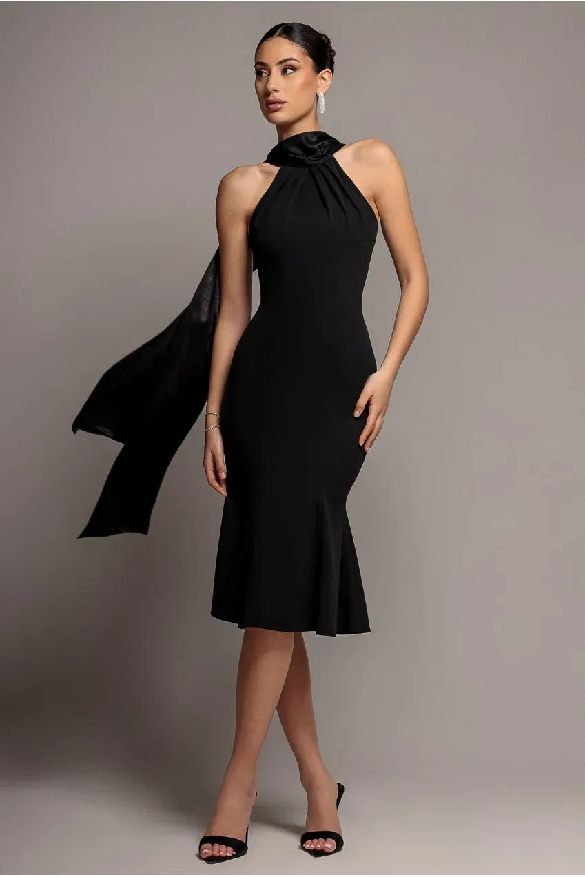 Goddiva DR4973 abito midi halter nero scuba