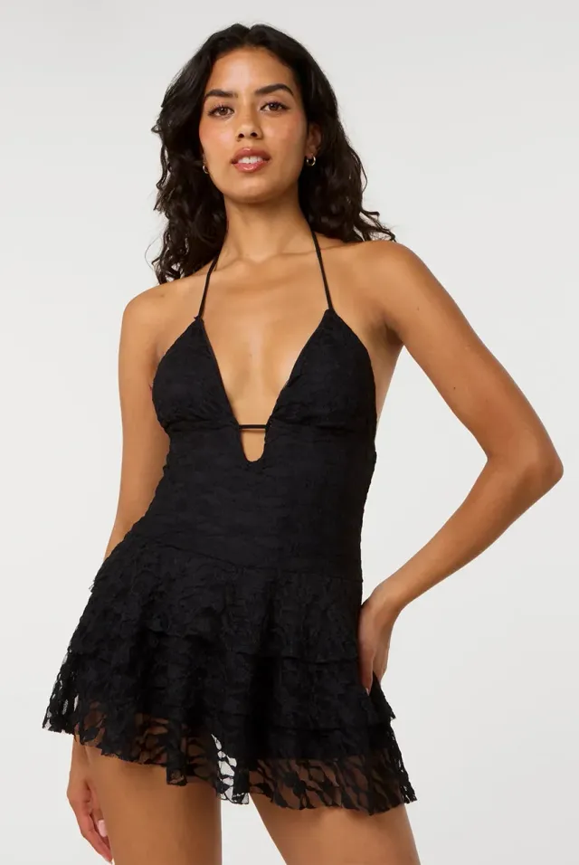 Pink Vanilla Lace Halterneck mini abito pizzo nero S
