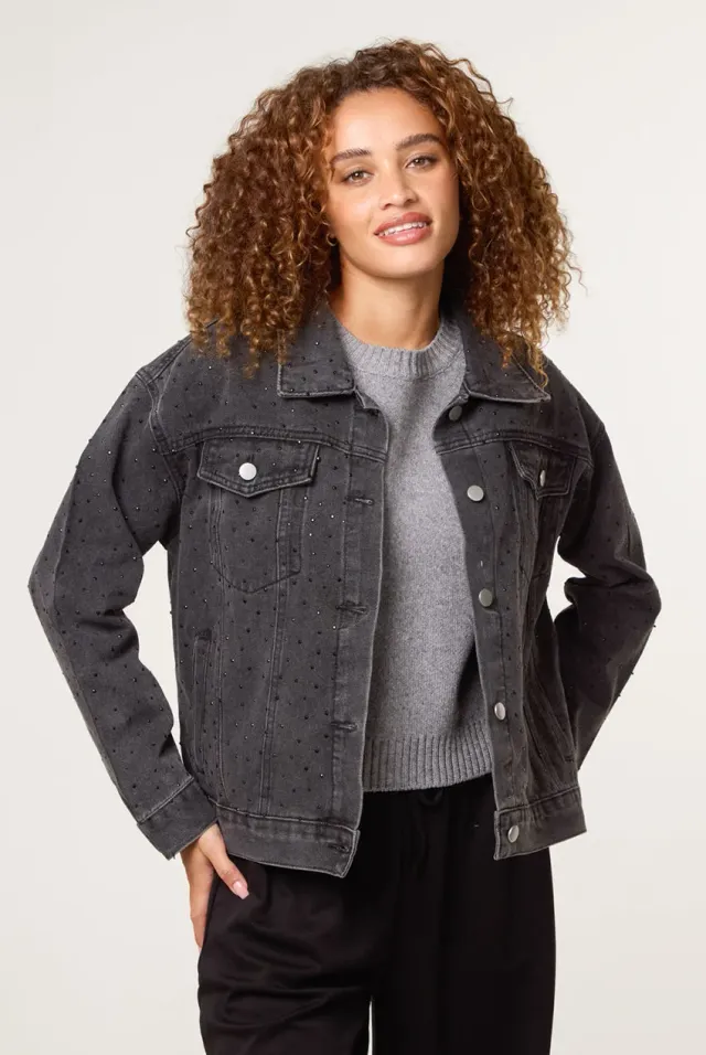 Blue Vanilla giacca denim nera ricamata cotone