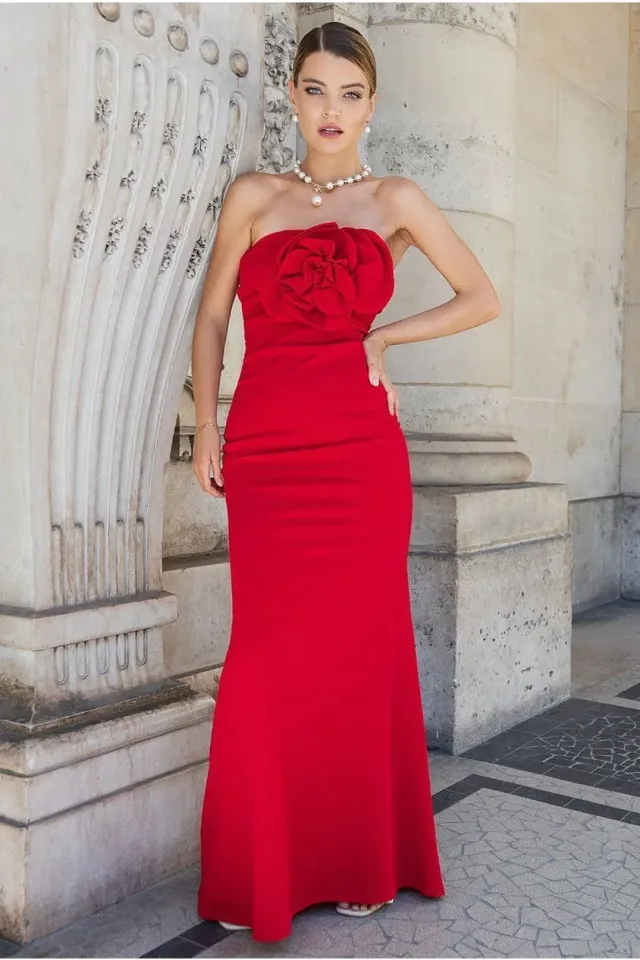 Goddiva Scuba Crepe abito maxi rosso fascia