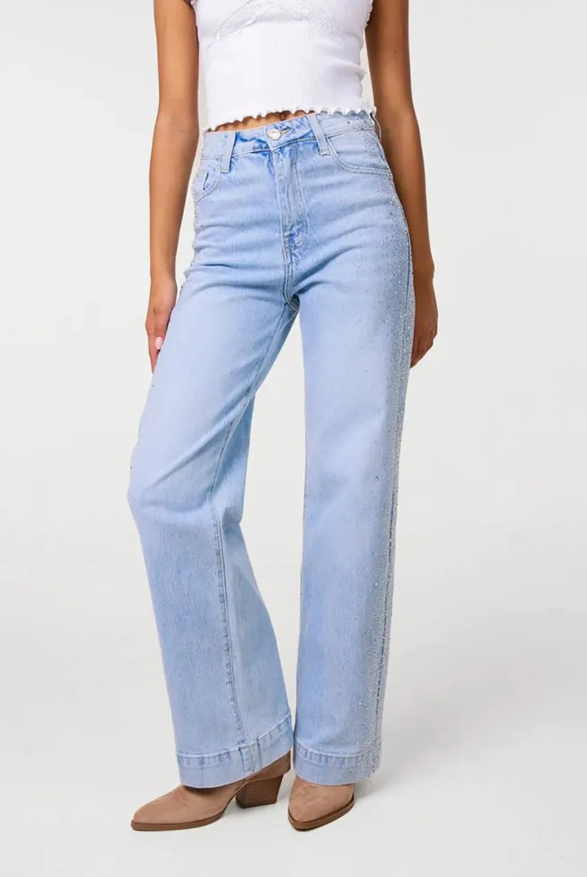 Pink Vanilla Diamante Jeans Denim Chiaro Gamba Larga