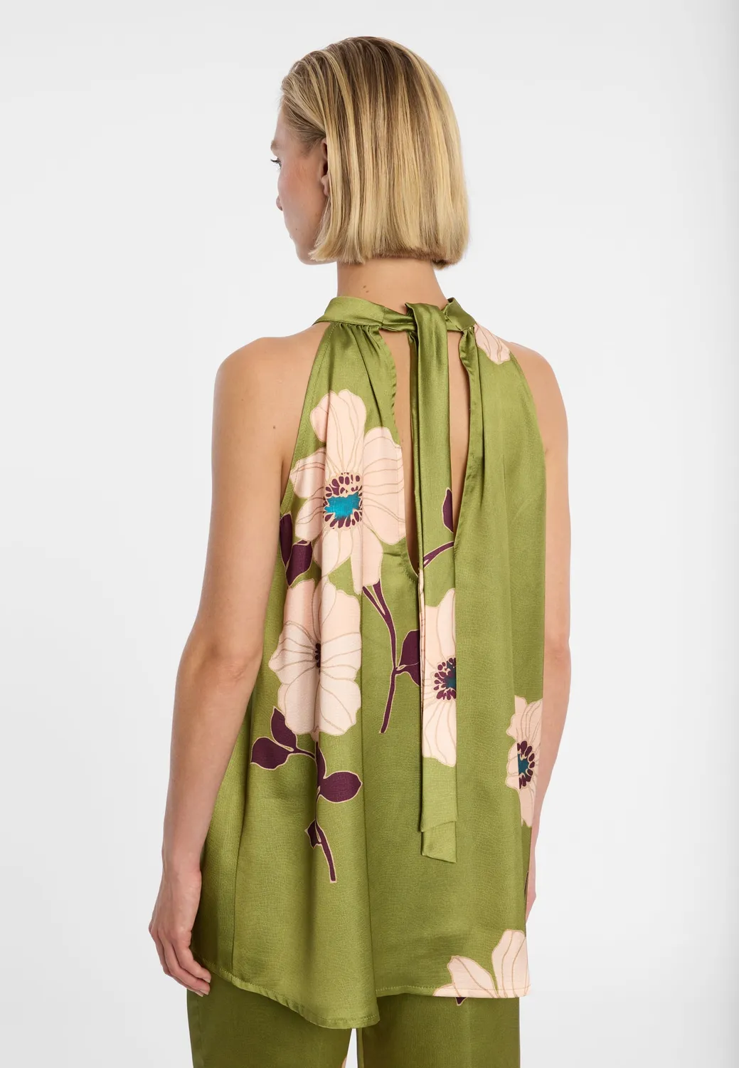 Ana Alcazar Druin top halterneck raso verde floreale