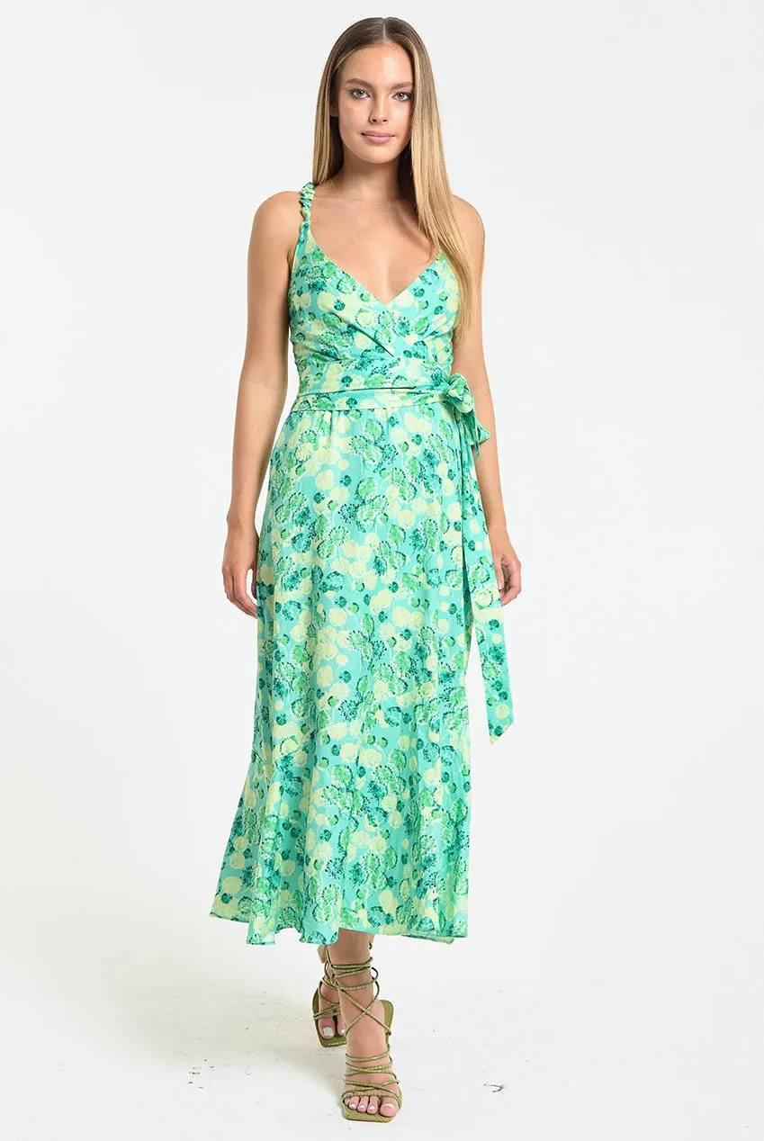 Liquorish Green Floral Wrap abito midi verde floreale scollo a V