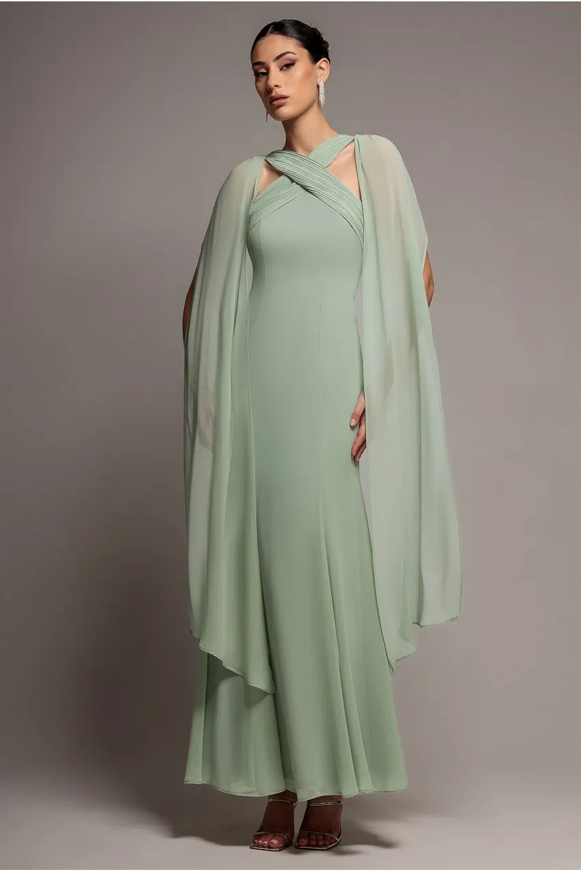 Goddiva Cross Front abito maxi chiffon verde salvia