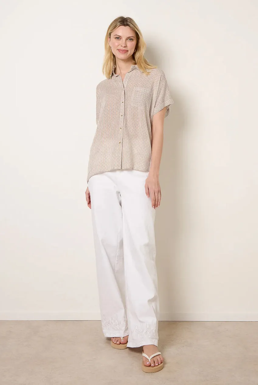 Blue Vanilla Stripe Camicia Taupe Bottoni Manica Corta