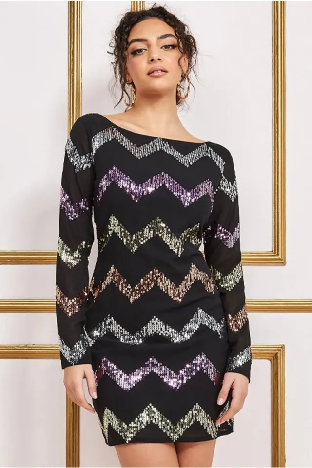 Goddiva Abito Mini Nero Paillettes Zig Zag DR3790 festa