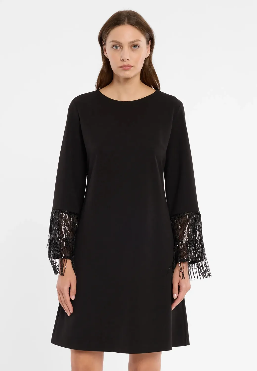 Ana Alcazar Cebina abito paillettes nero frange