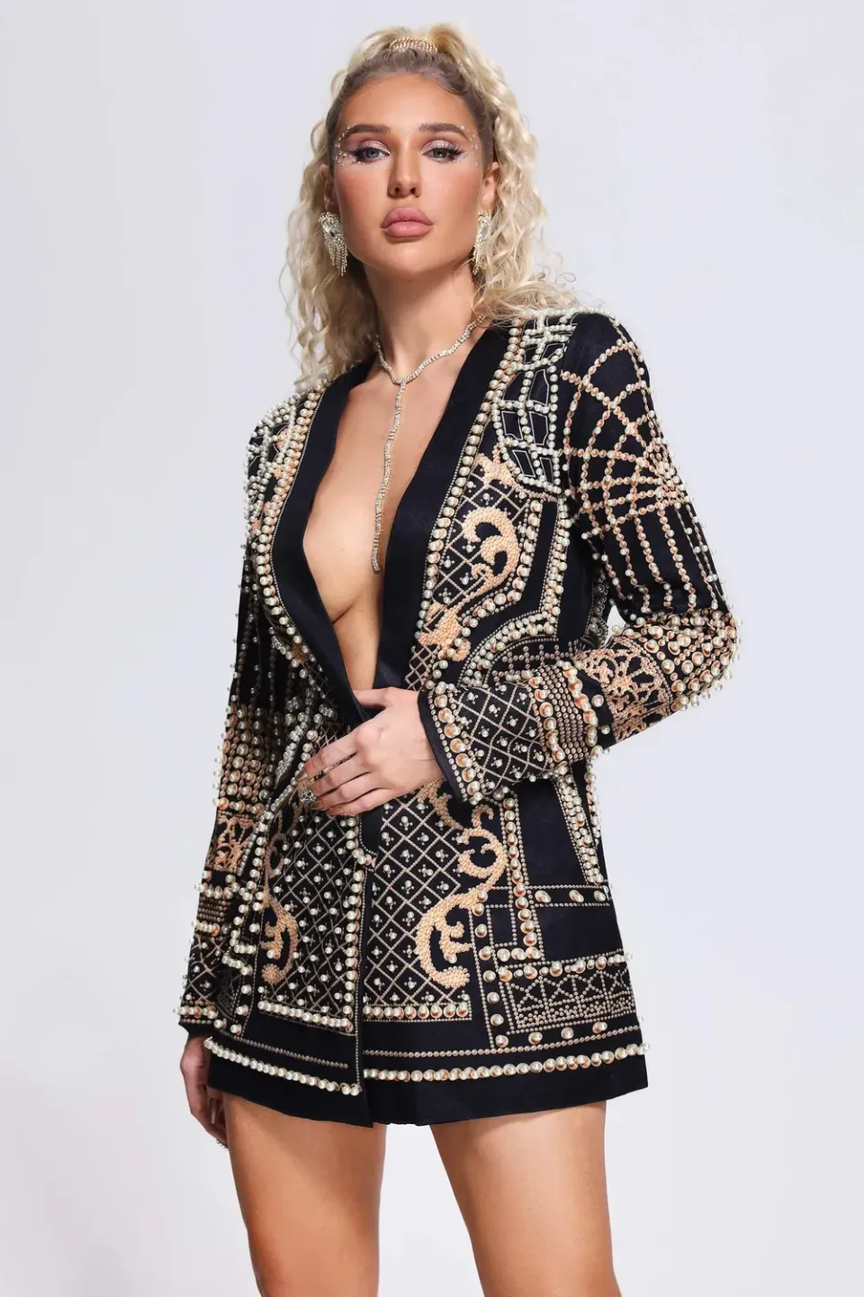 Bella Barnett Dole Pearl abito blazer nero mini perle