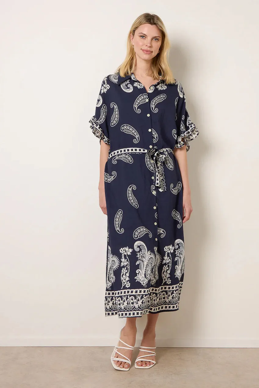 Blue Vanilla Abito Camicia Paisley Cintura Navy
