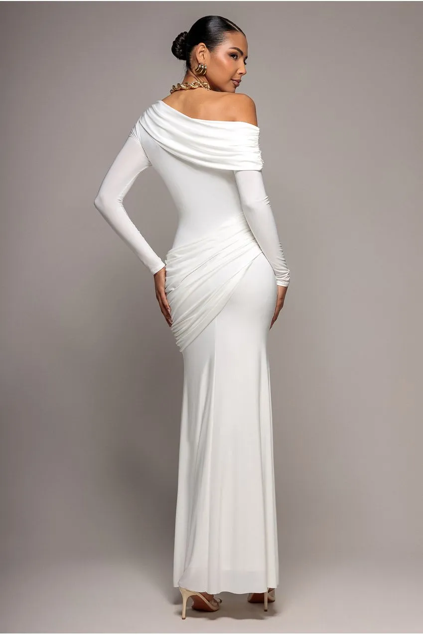 Goddiva Soft Touch abito maxi bianco spalle scoperte
