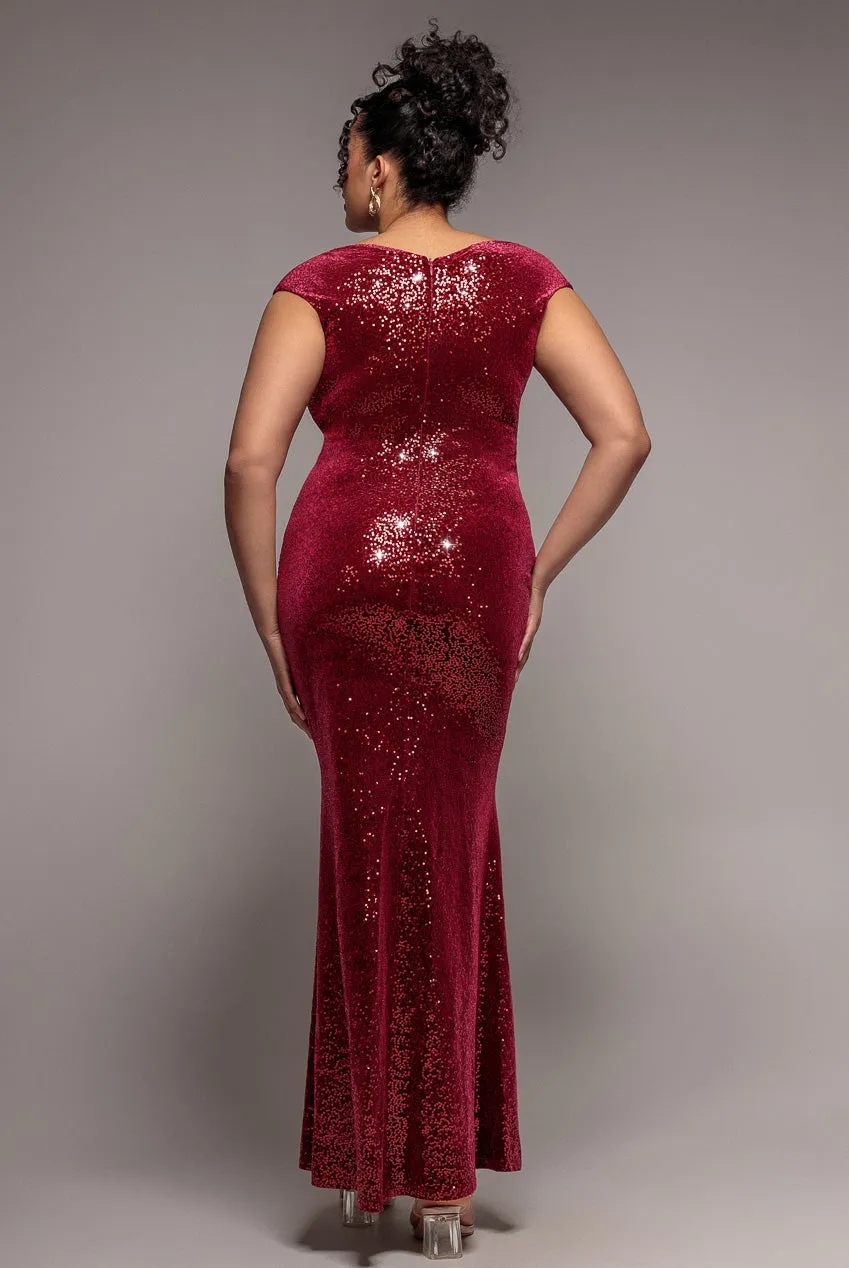 Goddiva Plus Bardot abito maxi paillettes vino