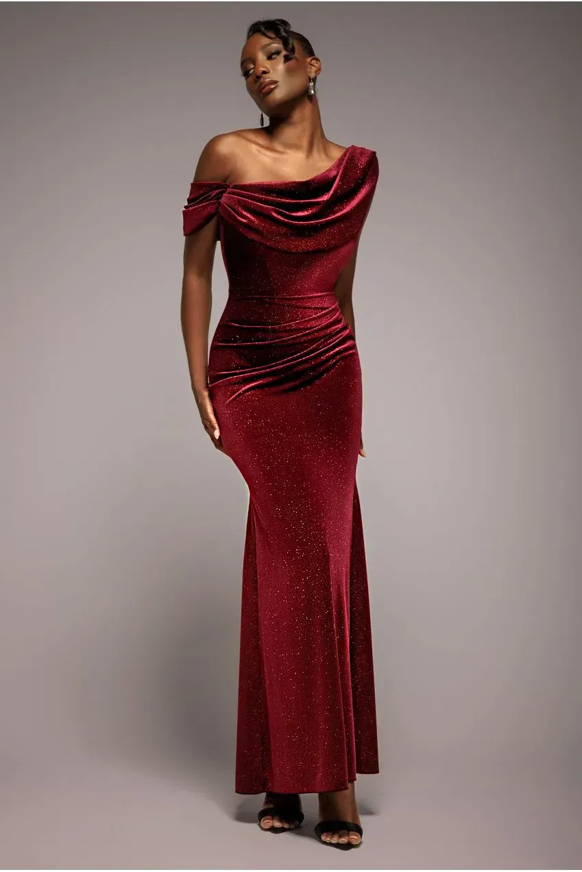 Goddiva Glitter Velvet Abito Maxi Vino Bordeaux