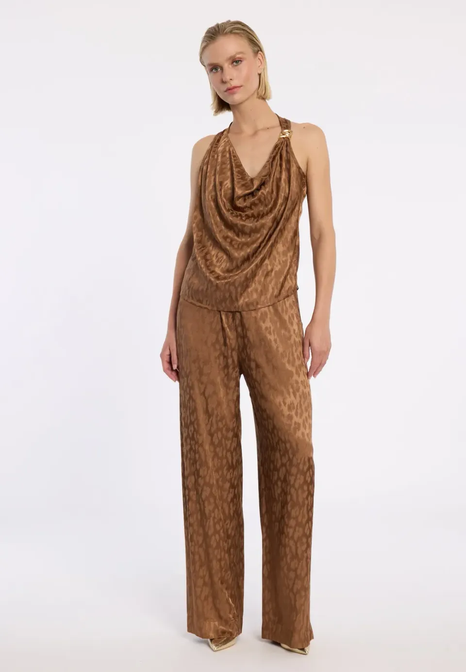 Ana Alcazar Drial top halterneck raso animalier marrone