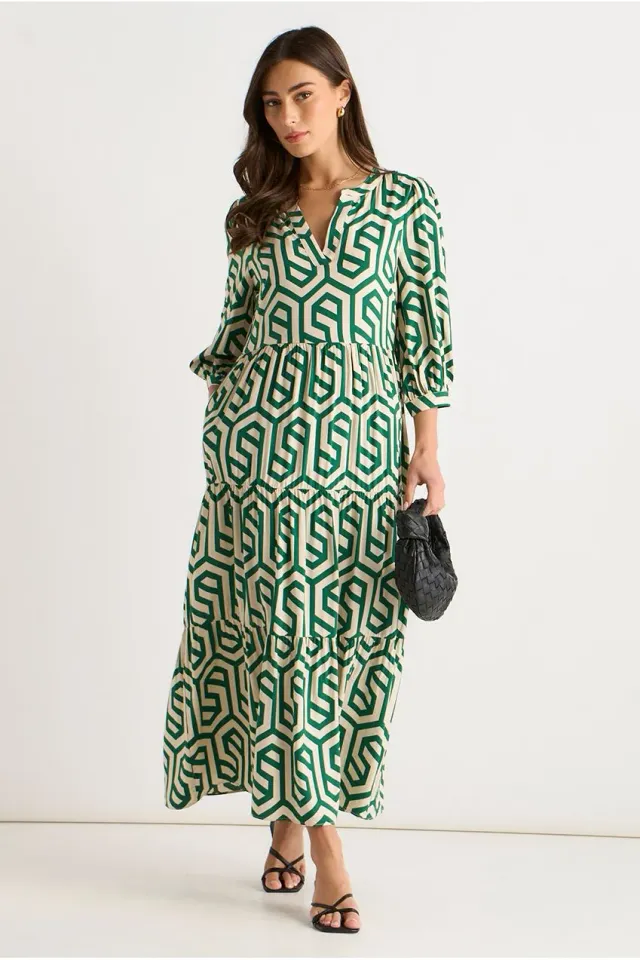 Gini London Geo Print abito midi verde smock maniche lunghe