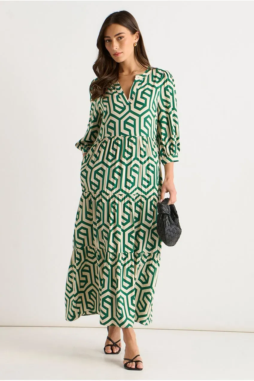 Gini London Geo Print abito midi verde smock maniche lunghe