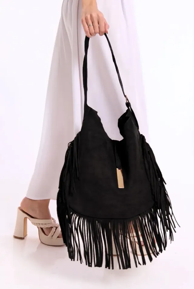 Liquorish Fringe Hobo borsa nera scamosciata con frange