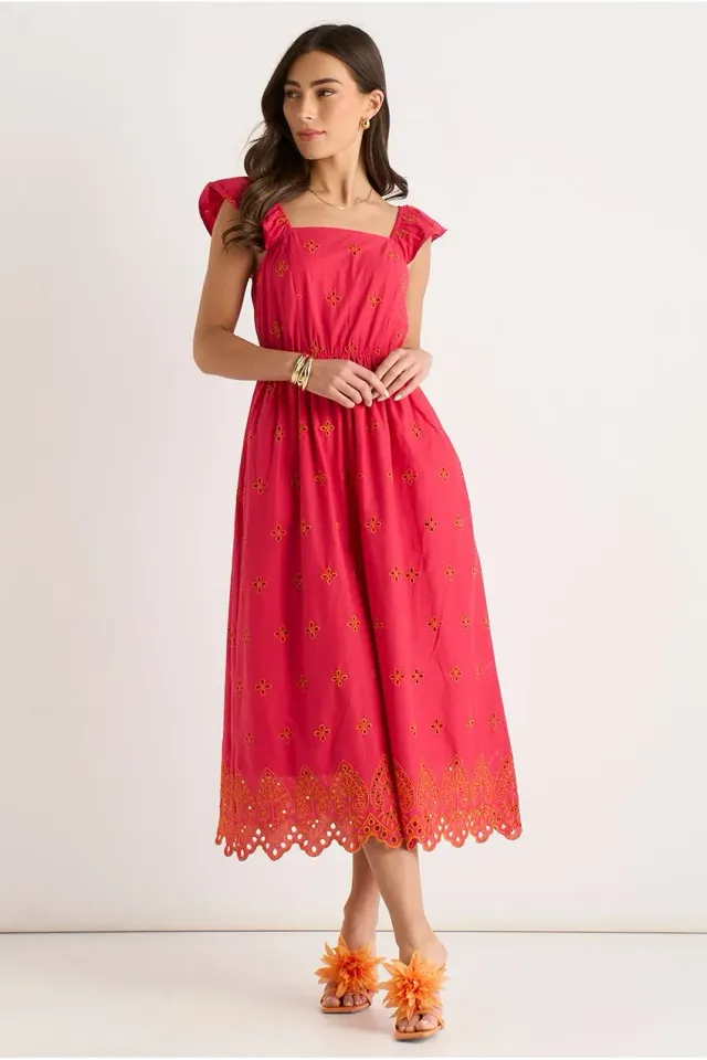 Gini London abito midi rosa sangallo maniche volant