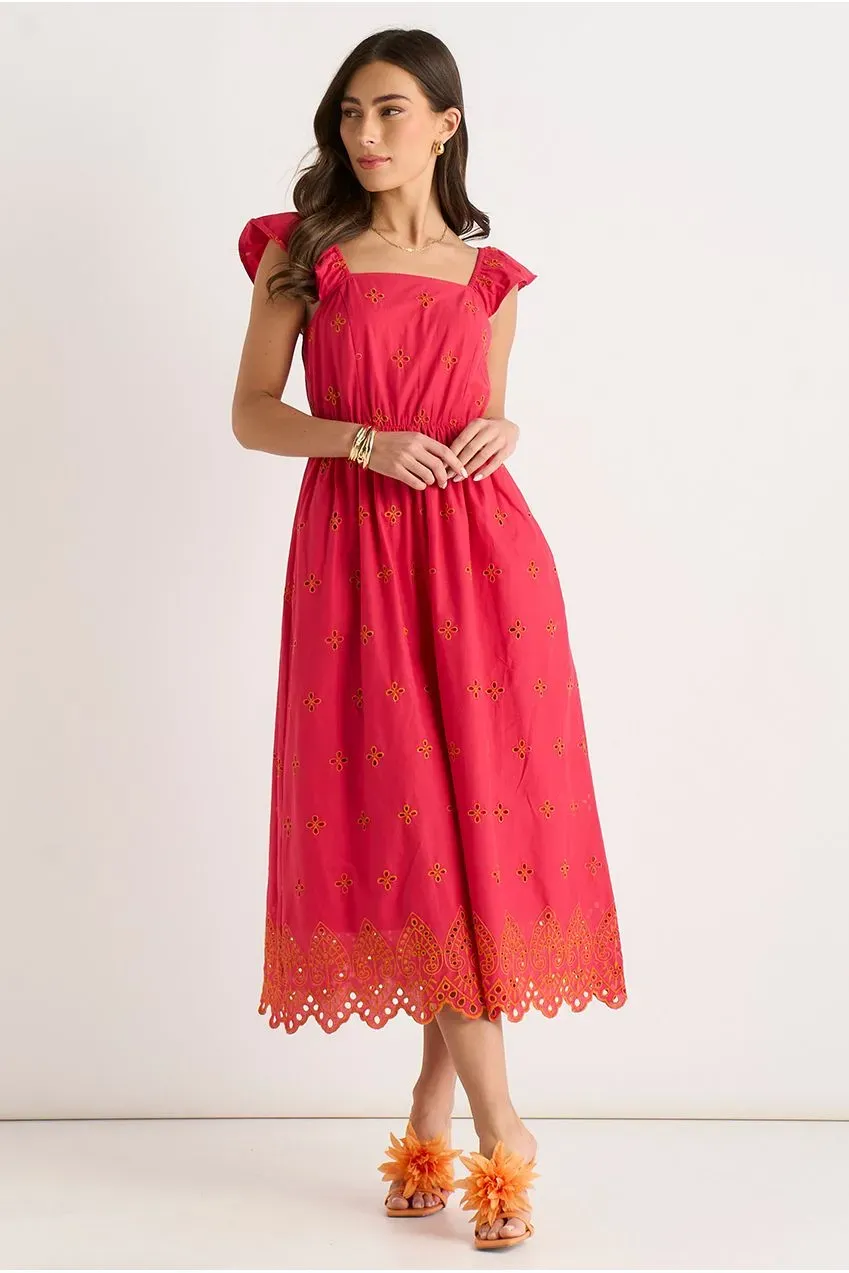 Gini London abito midi rosa sangallo maniche volant