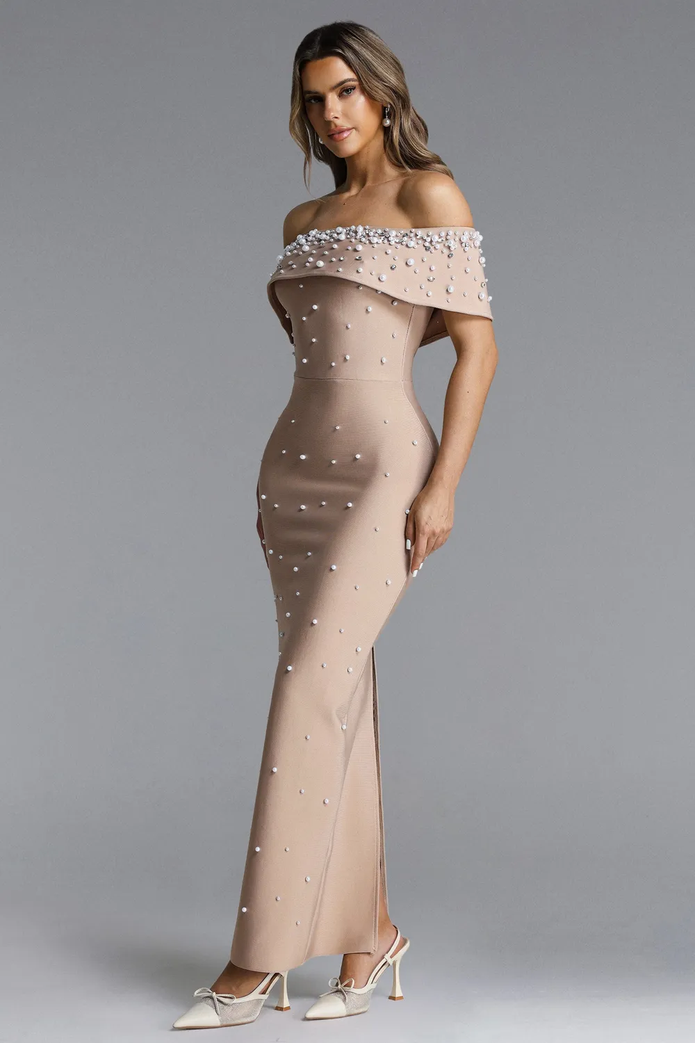 Goddiva Bella Barnett Isme abito lungo beige L spalle scoperte