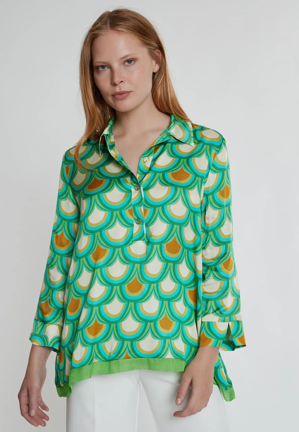Ana Alcazar Kebby blusa camicia satin fantasia retro